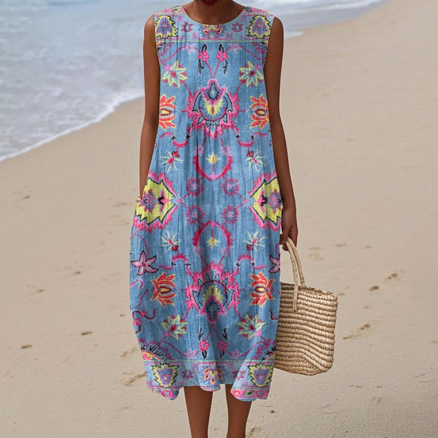 Womens Sleeveless Floral Print Dress