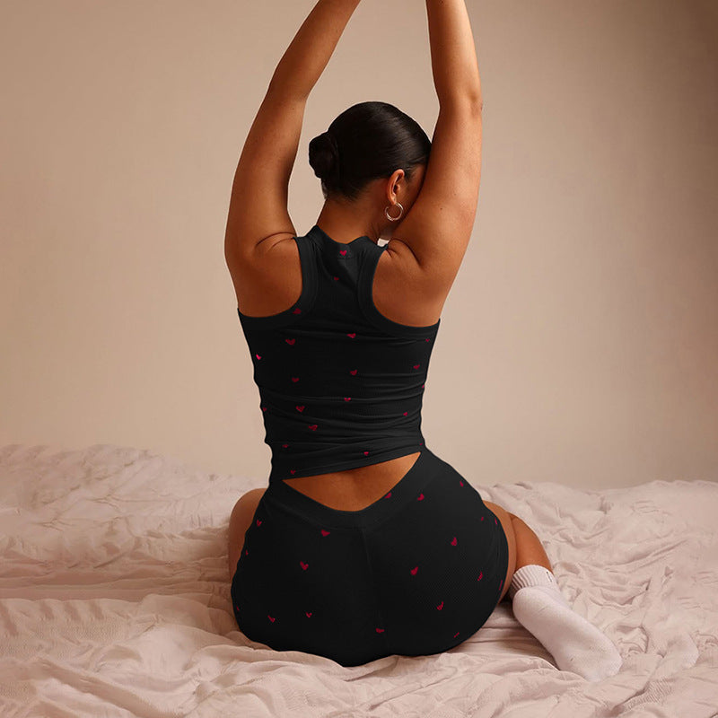 Womens Sleeveless Pajama Set with Heart Pattern