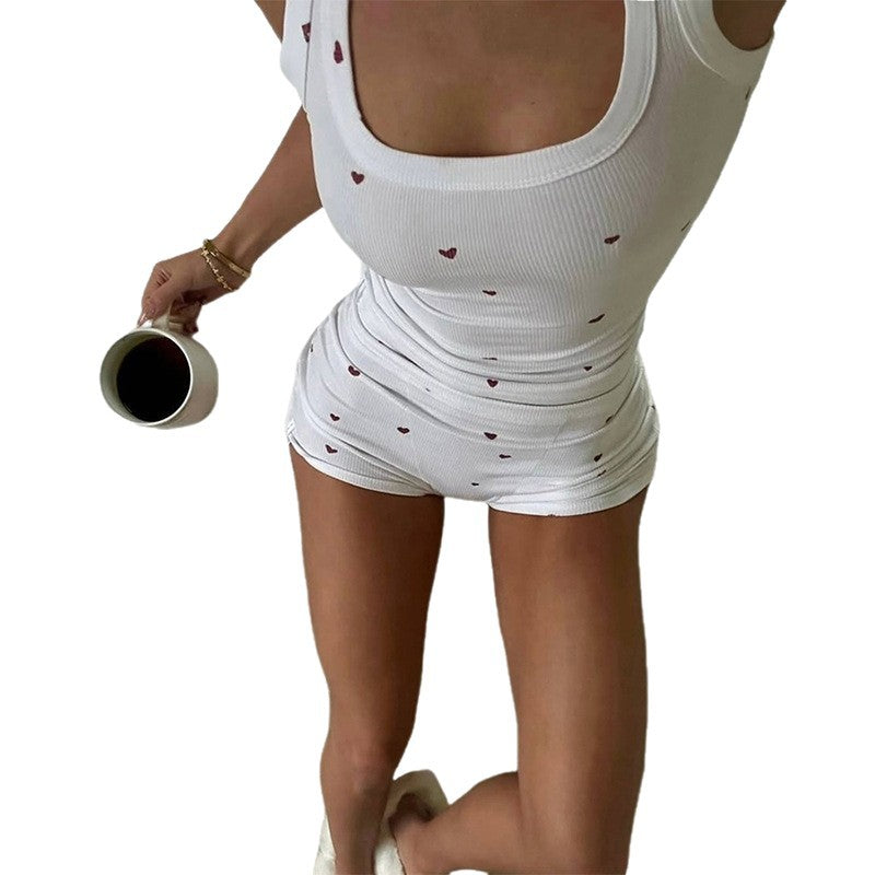 Womens Sleeveless Pajama Set with Heart Pattern