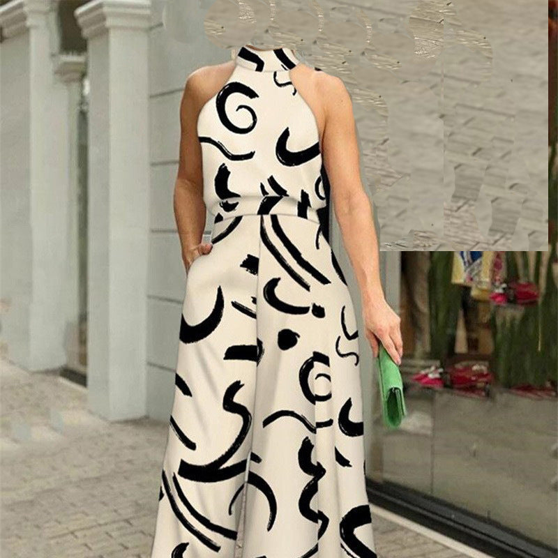 Womens Sleeveless Printed Waist-Cinching Long Dress