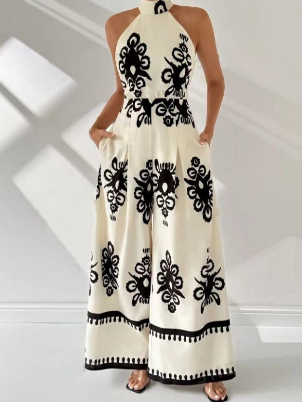 Womens Sleeveless Printed Waist-Cinching Long Dress