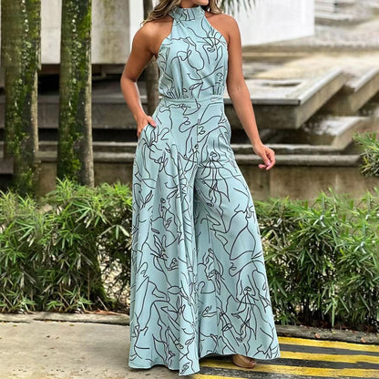Womens Sleeveless Printed Waist-Cinching Long Dress