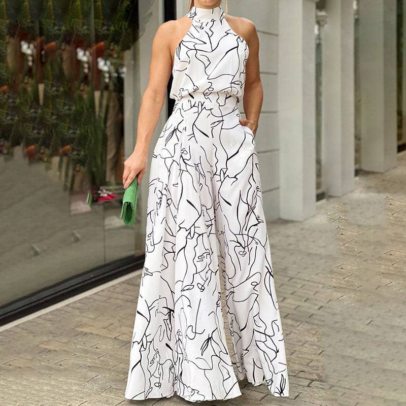 Womens Sleeveless Printed Waist-Cinching Long Dress