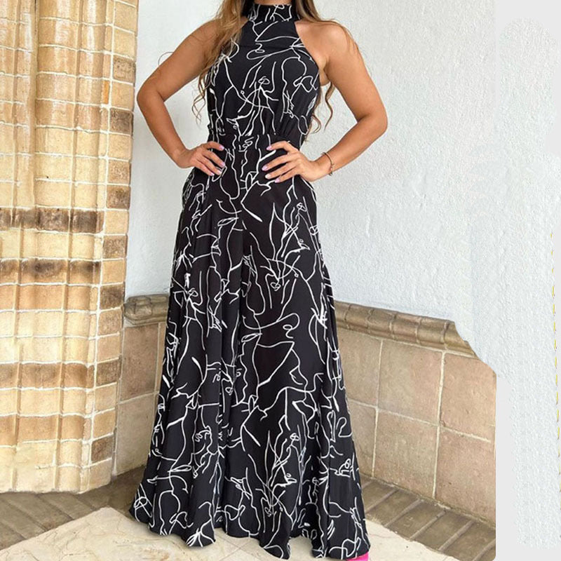 Womens Sleeveless Printed Waist-Cinching Long Dress