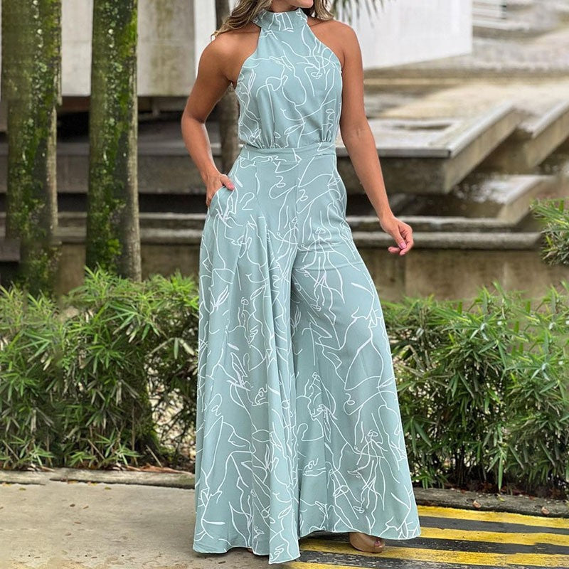 Womens Sleeveless Printed Waist-Cinching Long Dress