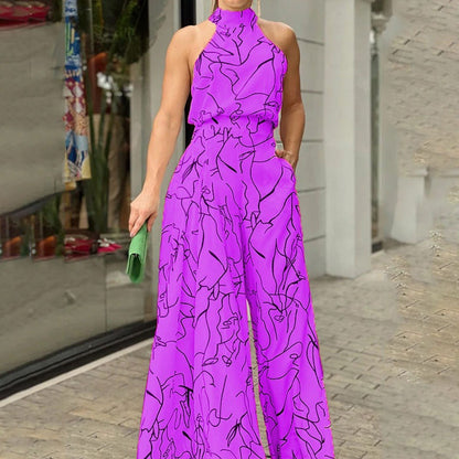 Womens Sleeveless Printed Waist-Cinching Long Dress