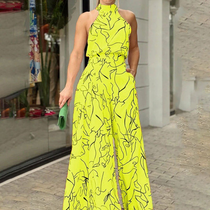 Womens Sleeveless Printed Waist-Cinching Long Dress