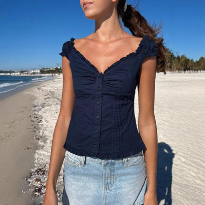 Womens Sleeveless Ruffle Trim Cardigan