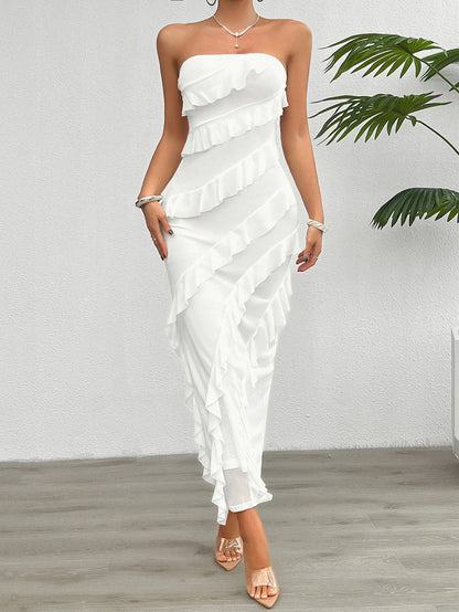 Womens Slim Fit Strapless Flounce Dress
