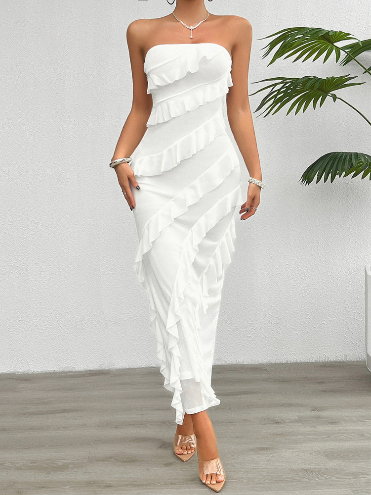 Womens Slim Fit Strapless Flounce Dress