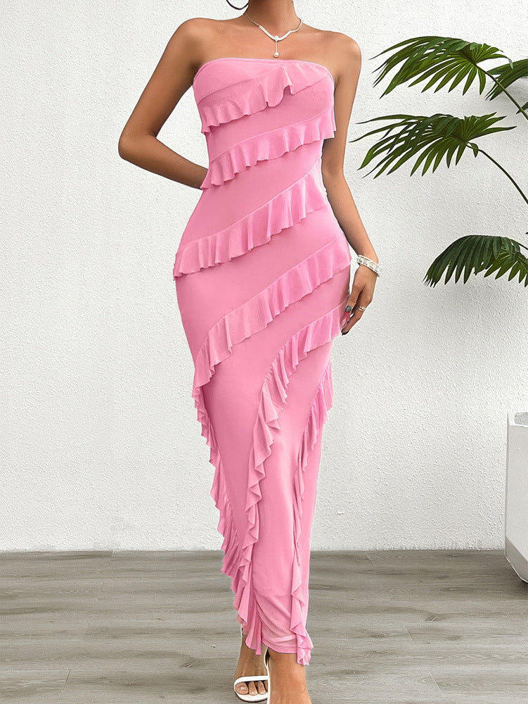 Womens Slim Fit Strapless Flounce Dress