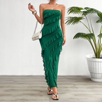 Womens Slim Fit Strapless Flounce Dress