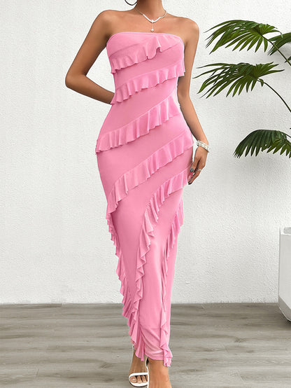 Womens Slim Fit Strapless Flounce Dress