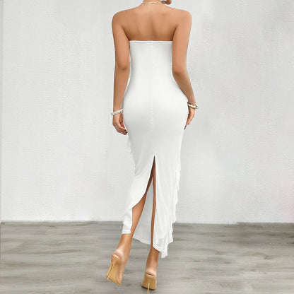 Womens Slim Fit Strapless Flounce Dress