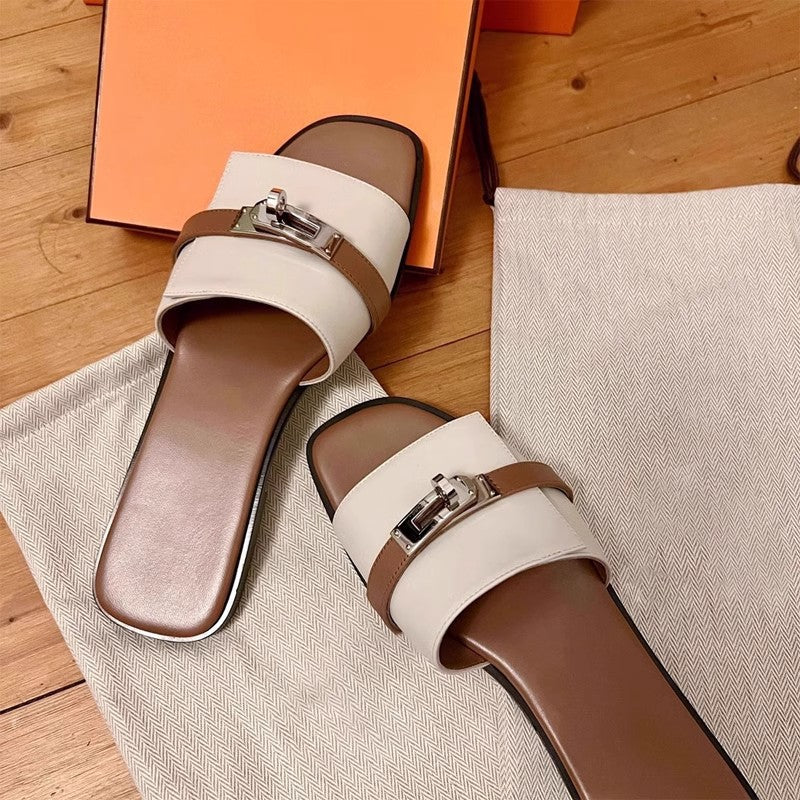 Womens Slip On Slippers Square Toe Flat Sandals