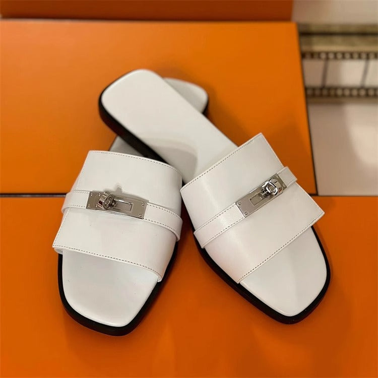 Womens Slip On Slippers Square Toe Flat Sandals