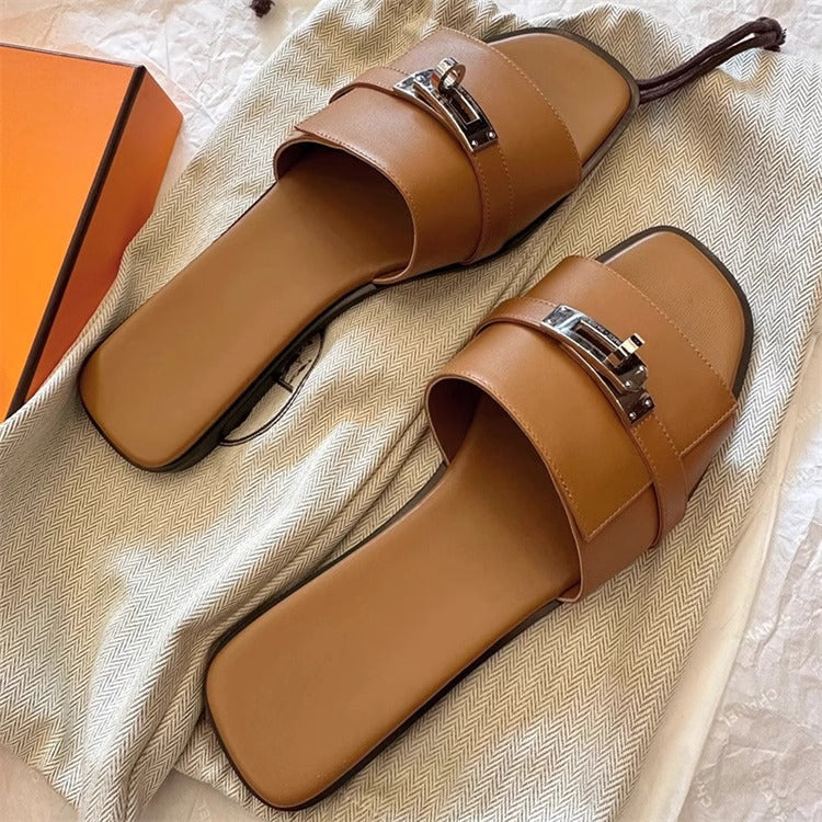 Womens Slip On Slippers Square Toe Flat Sandals