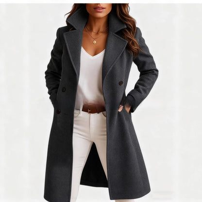 Womens Solid Color Lapel Woolen Trench Coat