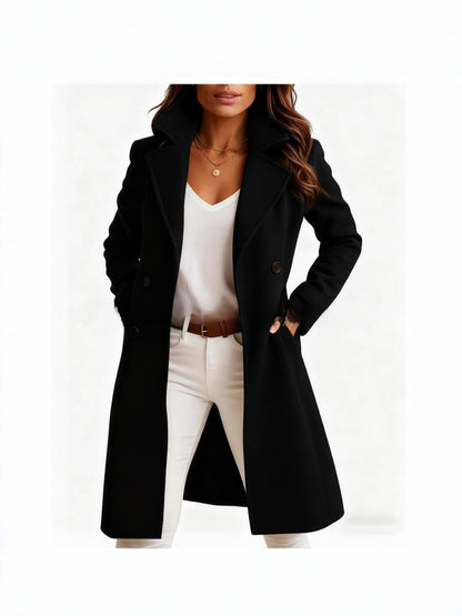 Womens Solid Color Lapel Woolen Trench Coat