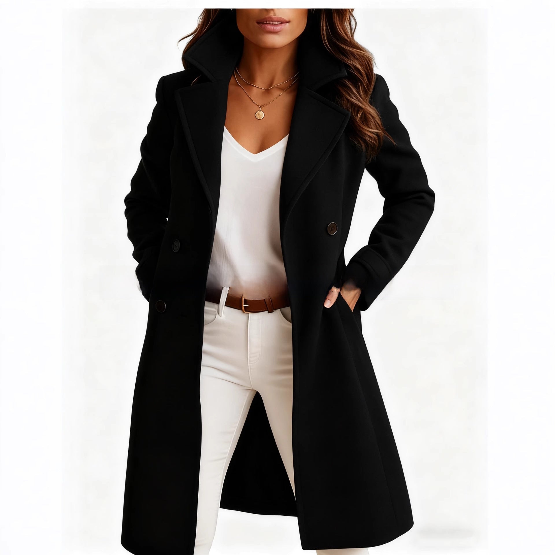 Womens Solid Color Lapel Woolen Trench Coat