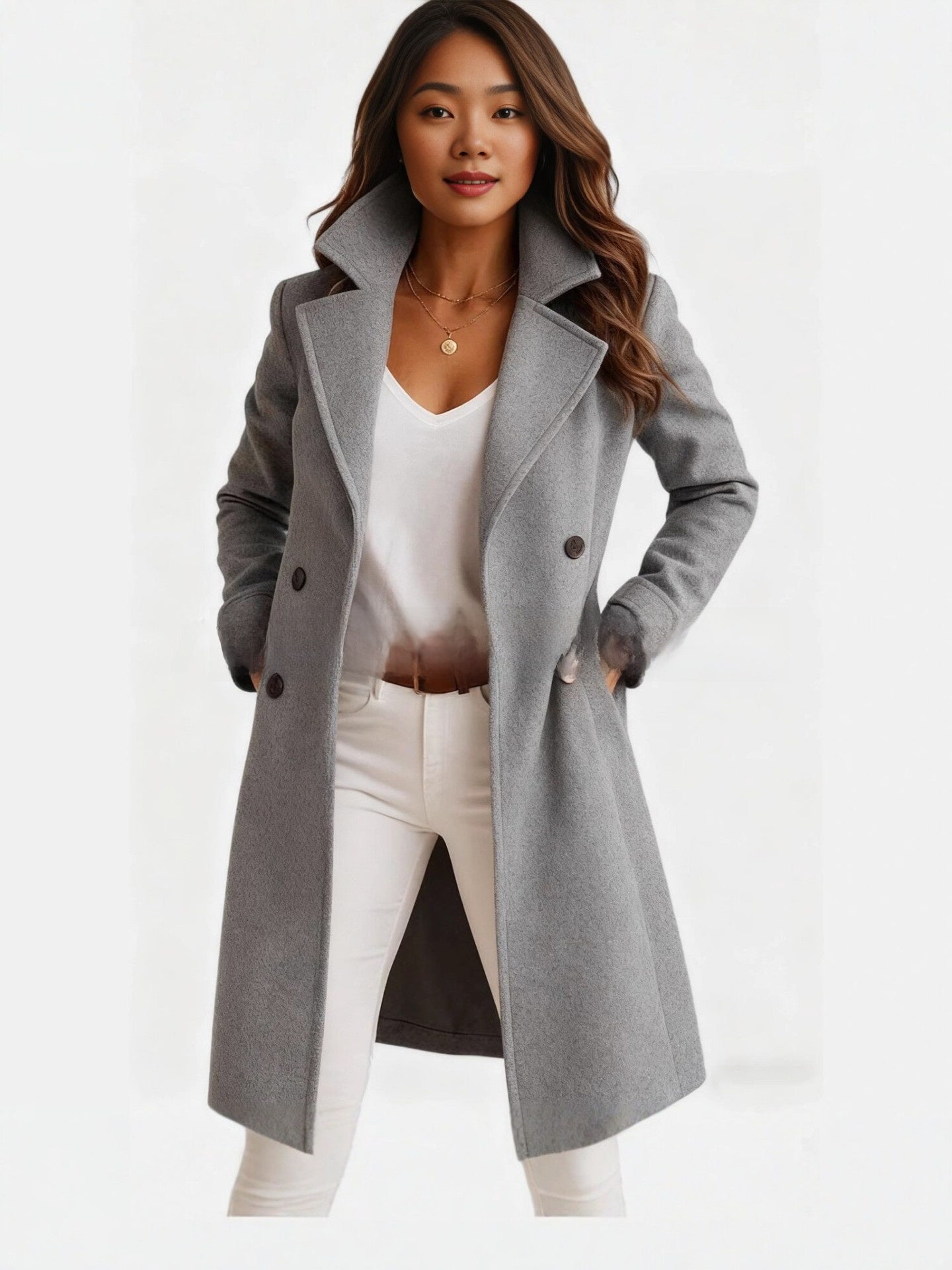 Womens Solid Color Lapel Woolen Trench Coat