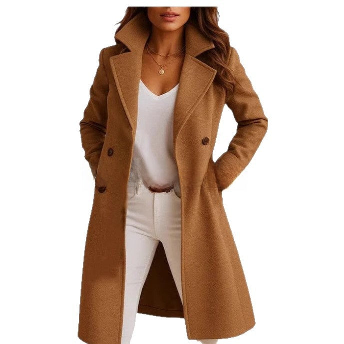 Womens Solid Color Lapel Woolen Trench Coat