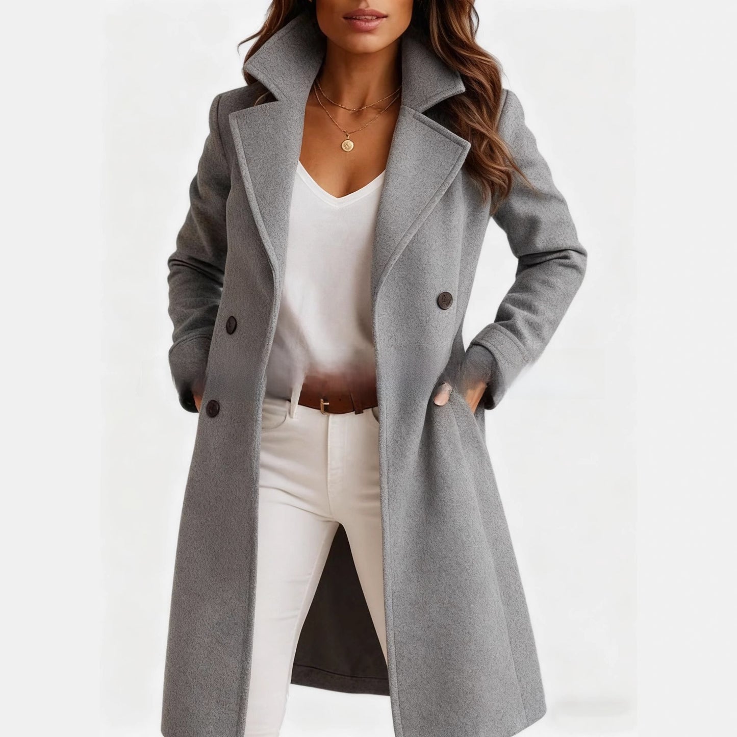 Womens Solid Color Lapel Woolen Trench Coat