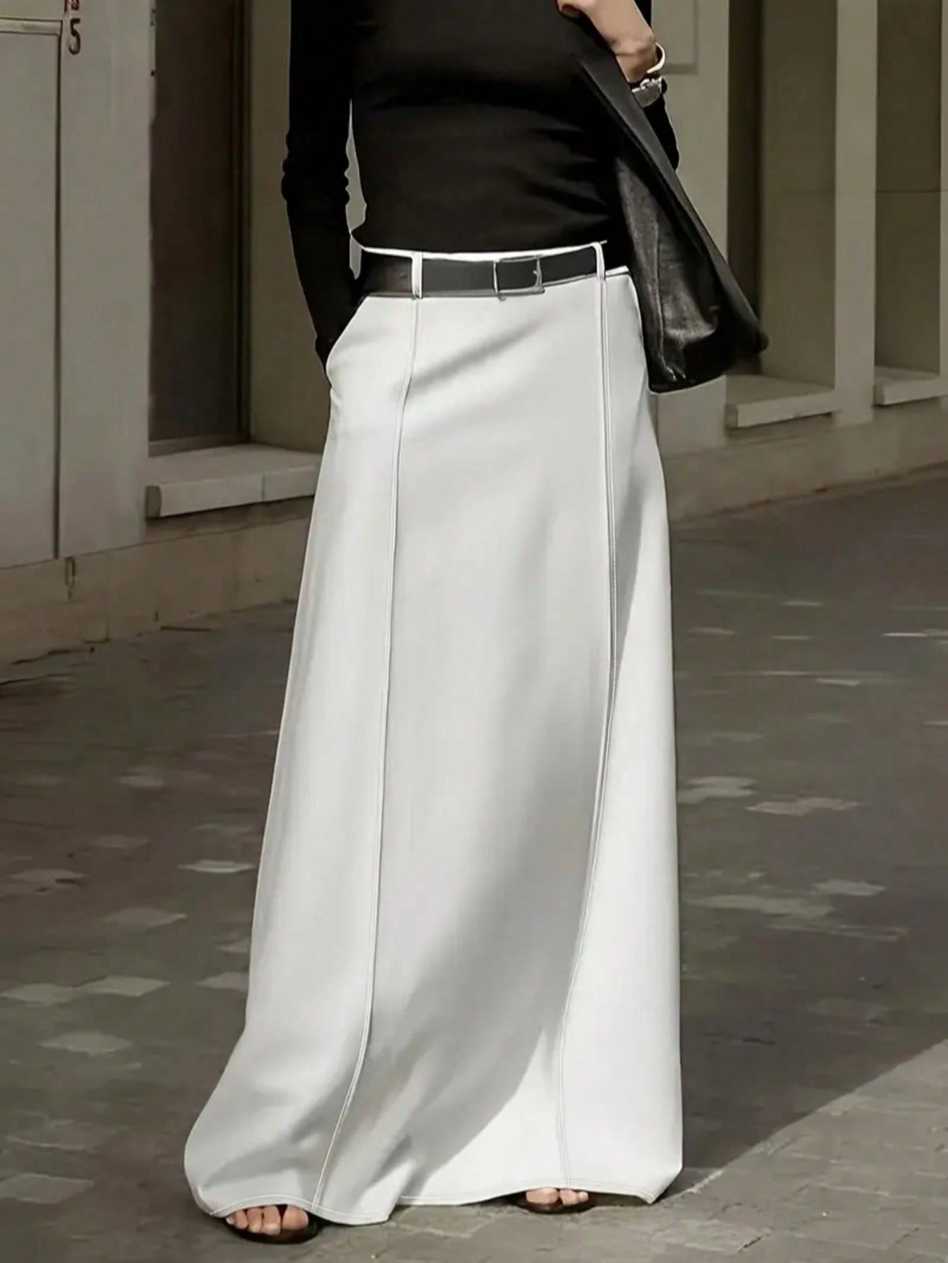 Womens Solid Color Long Skirt with Pockets