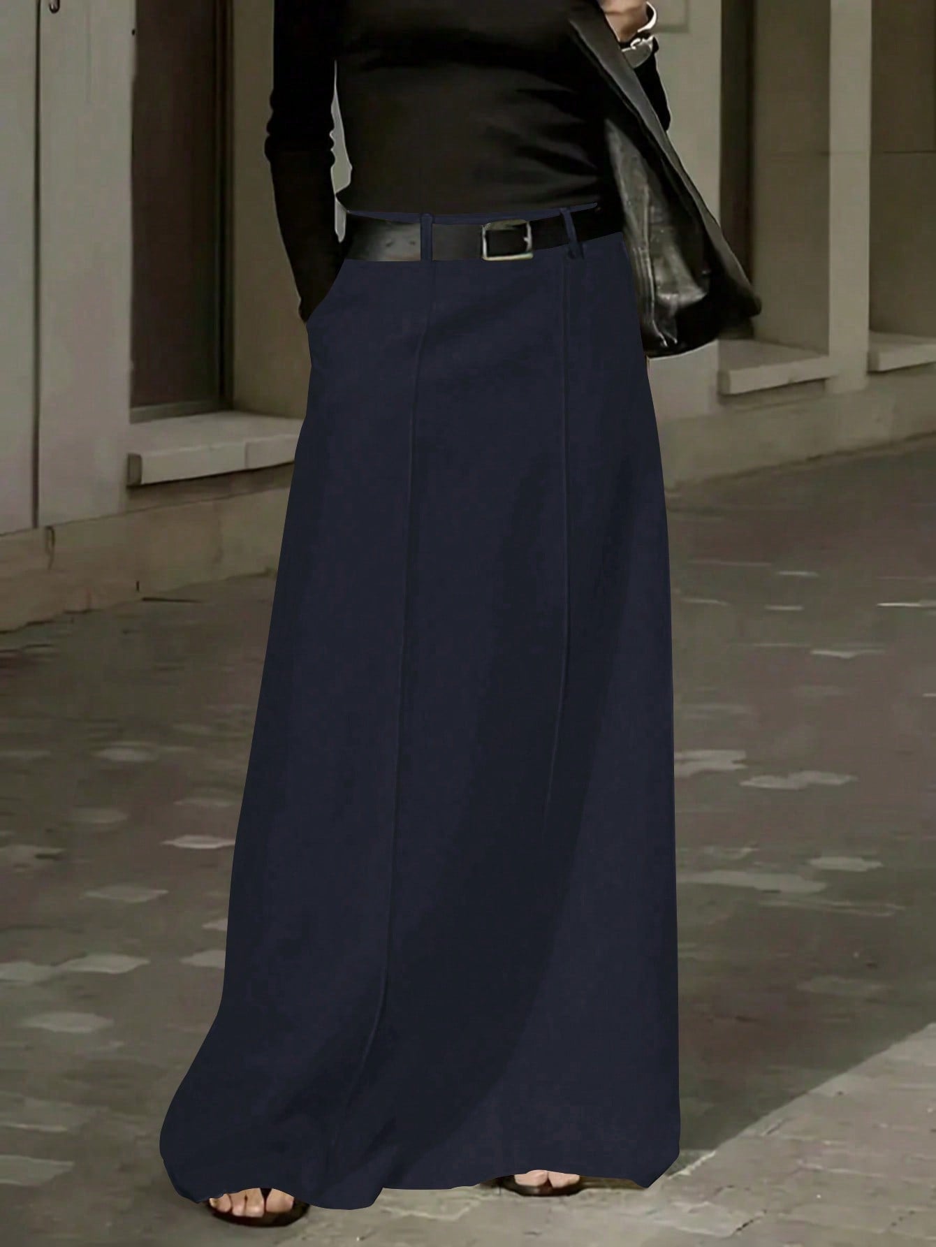 Womens Solid Color Long Skirt with Pockets