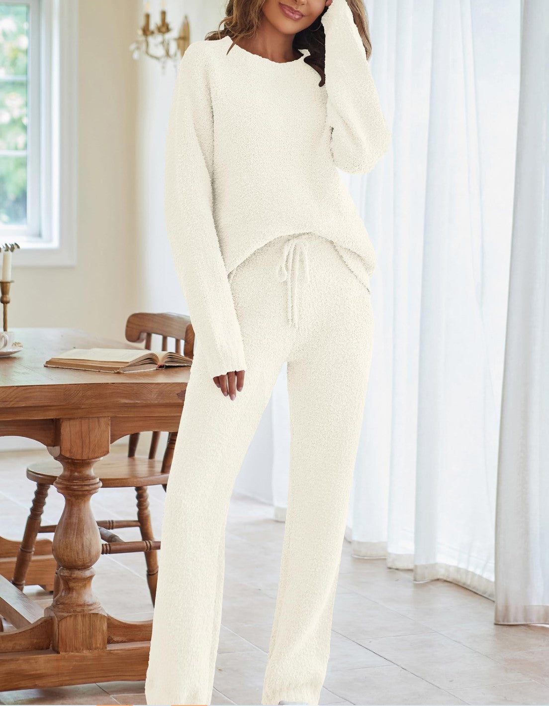 Womens Solid Color Long Sleeve Top and Pants Set