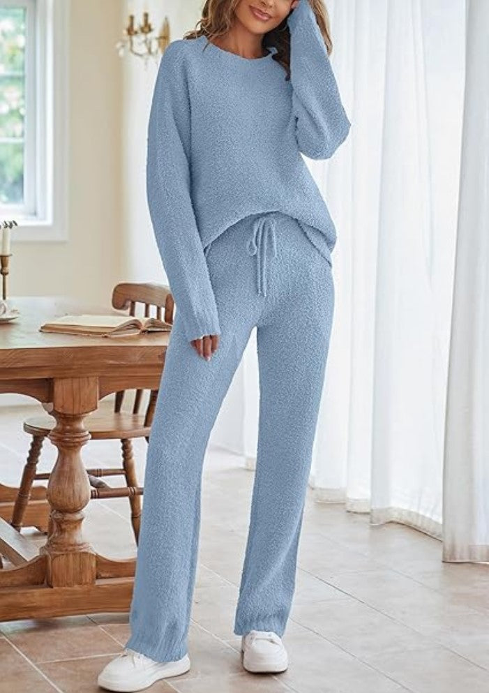 Womens Solid Color Long Sleeve Top and Pants Set