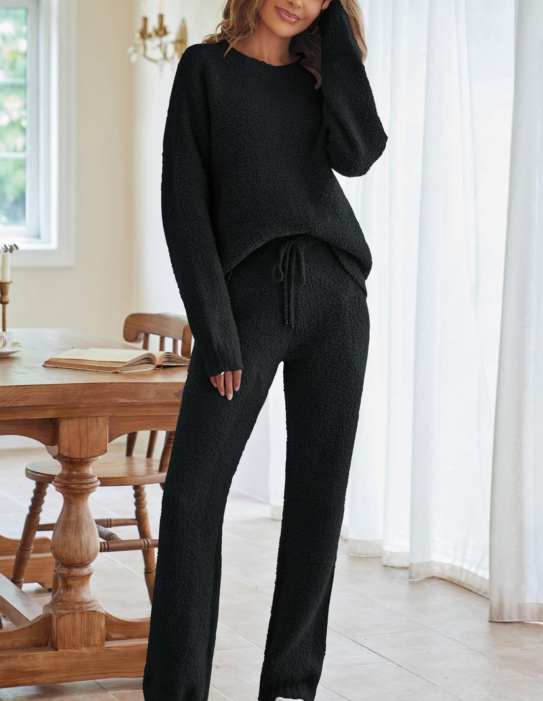 Womens Solid Color Long Sleeve Top and Pants Set