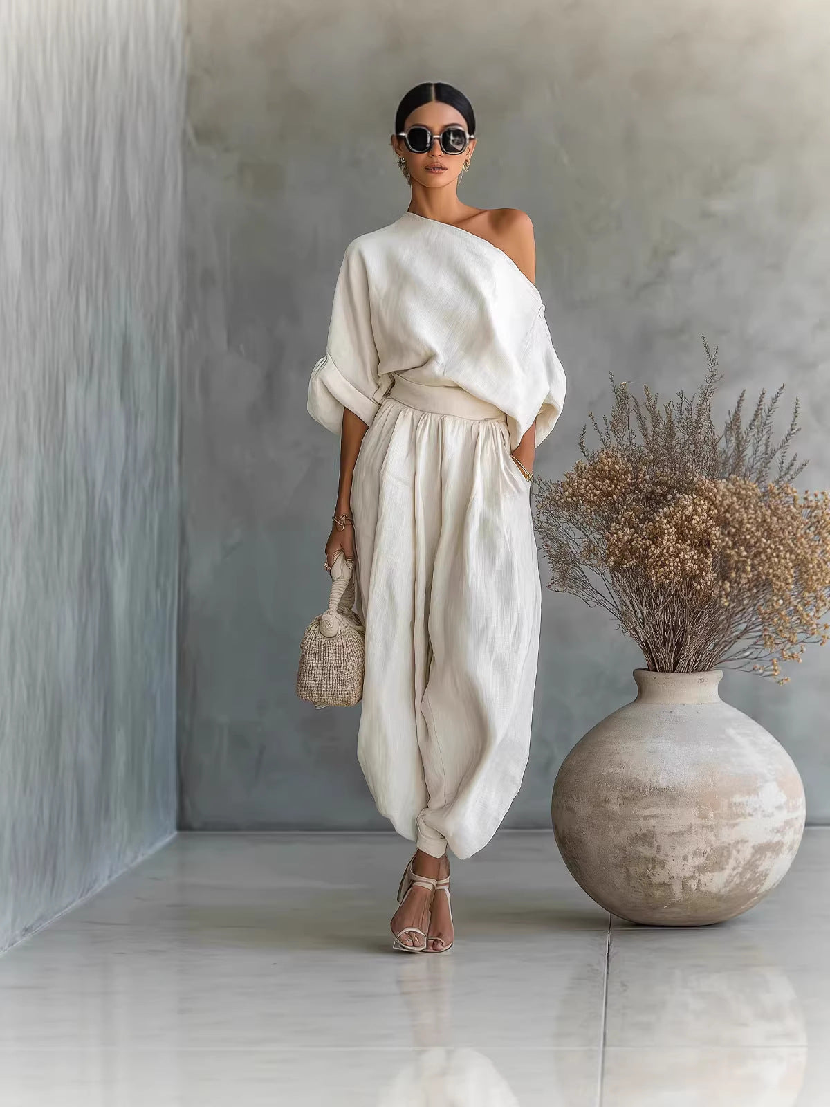 Womens Solid Color OffShoulder TwoPiece Set