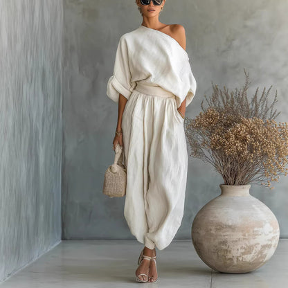 Womens Solid Color OffShoulder TwoPiece Set