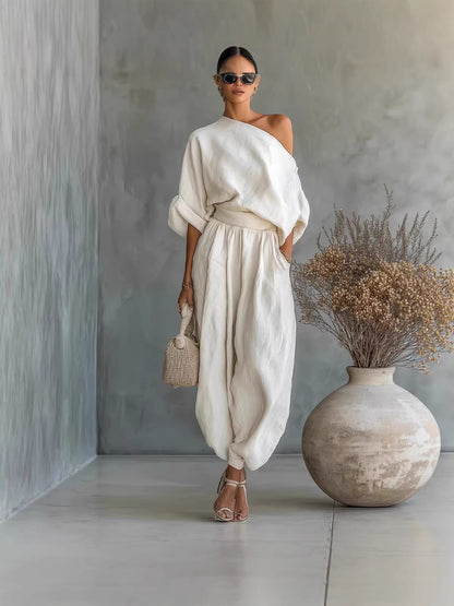 Womens Solid Color OffShoulder TwoPiece Set