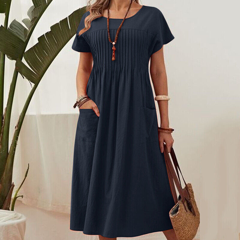 Womens Solid Color Pleated Pocket Dress