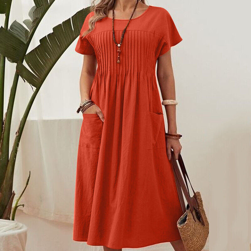 Womens Solid Color Pleated Pocket Dress
