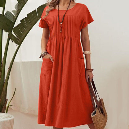 Womens Solid Color Pleated Pocket Dress