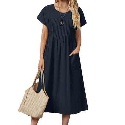Womens Solid Color Pleated Pocket Dress
