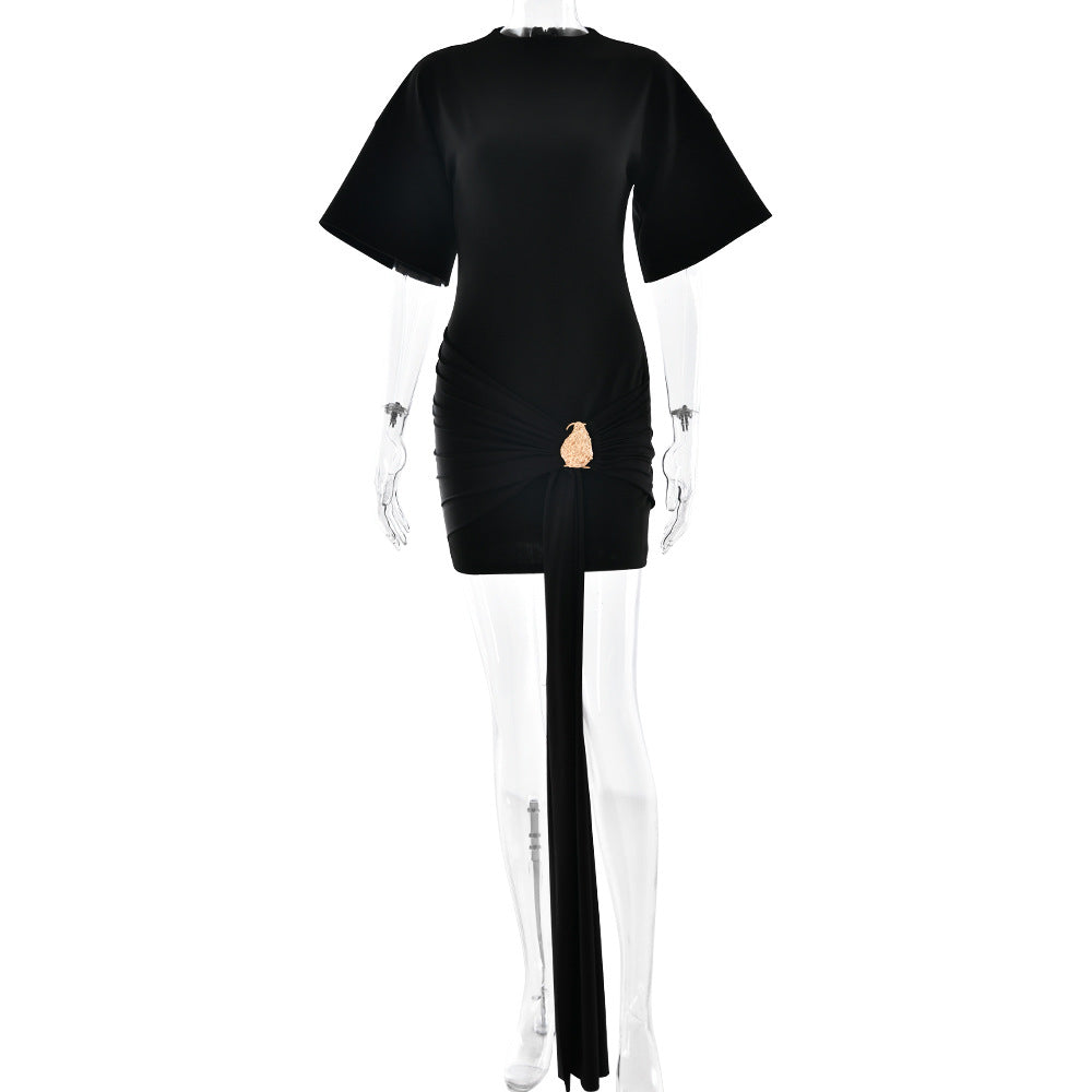 Womens Solid Color Round Neck Wrap Dress