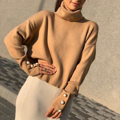 Womens Solid Color Turn-Down Collar Knit Sweater