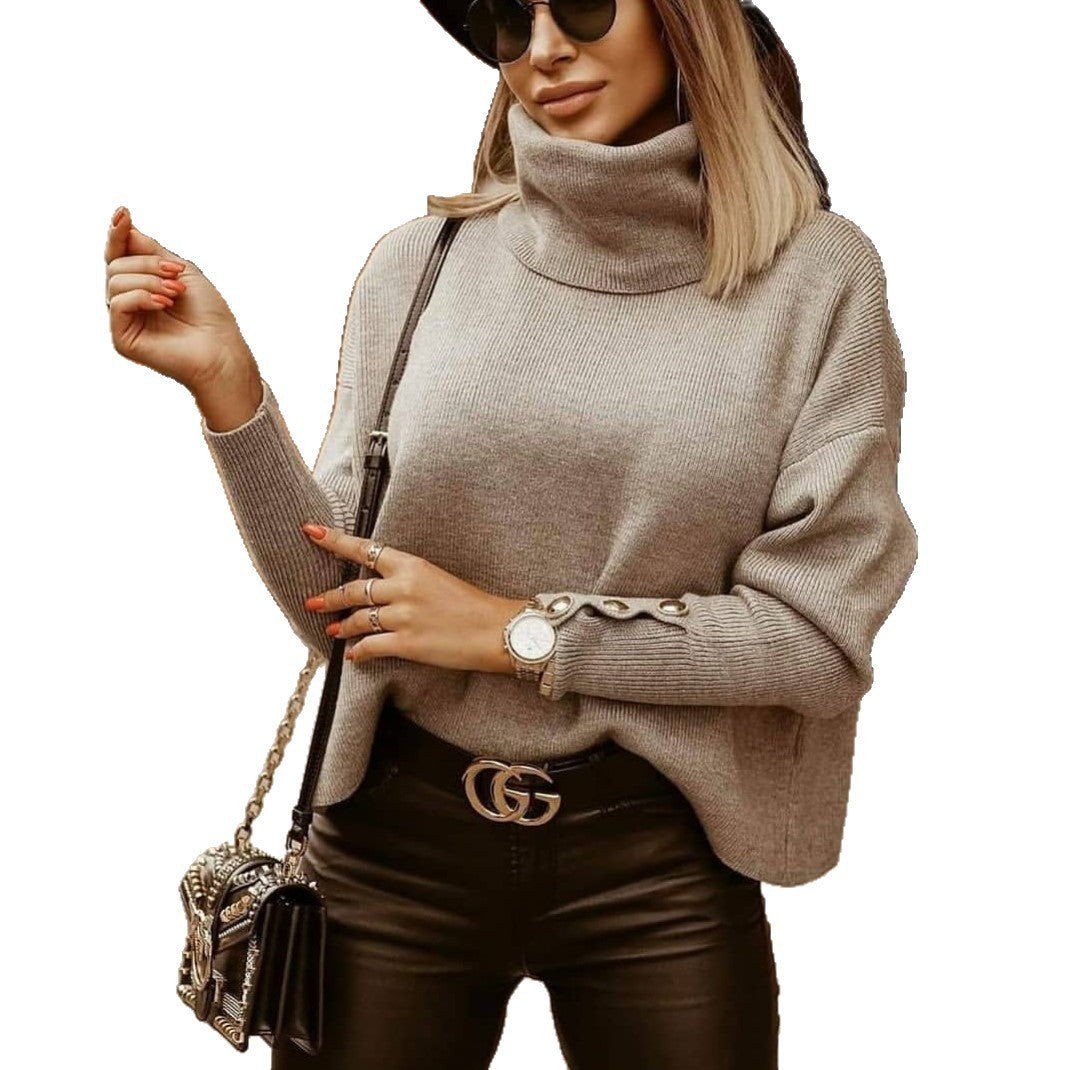 Womens Solid Color Turn-Down Collar Knit Sweater