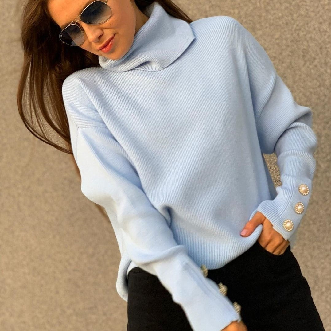Womens Solid Color Turn-Down Collar Knit Sweater