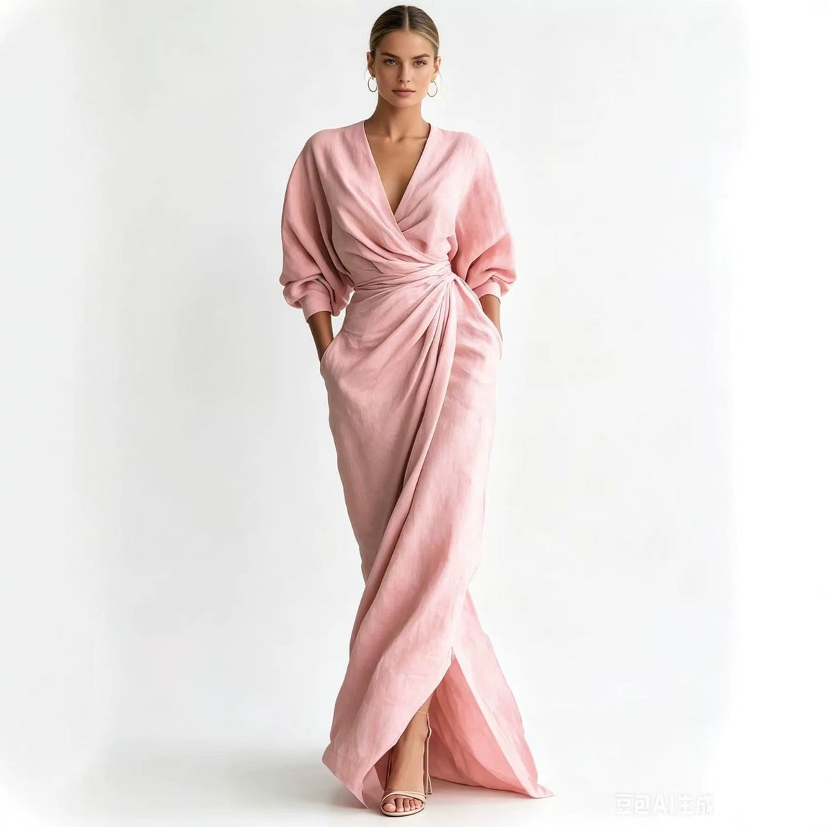 Womens Solid Color V-Neck Long Sleeve Dress