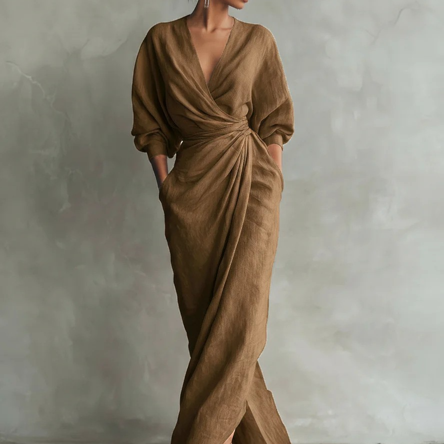 Womens Solid Color V-Neck Long Sleeve Dress