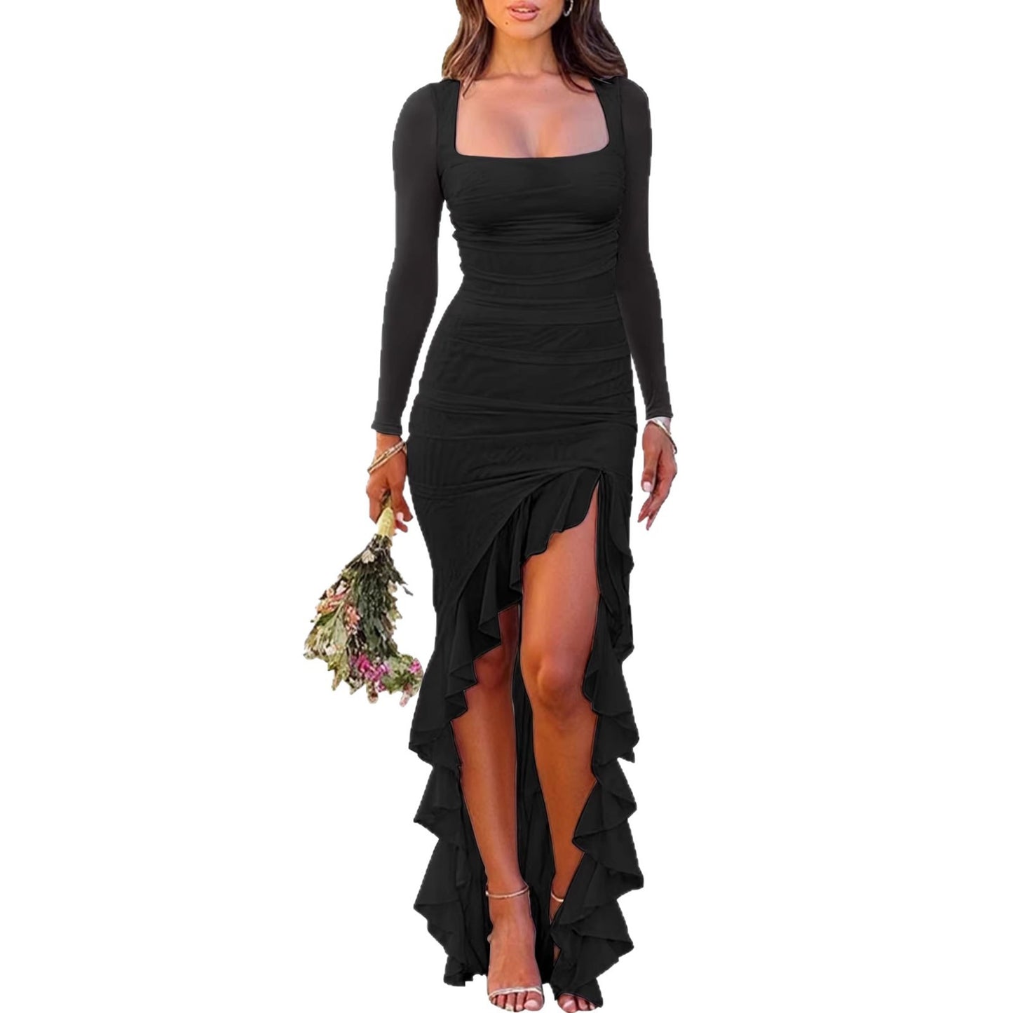 Womens Square Neck Long Sleeve Bodycon Dress