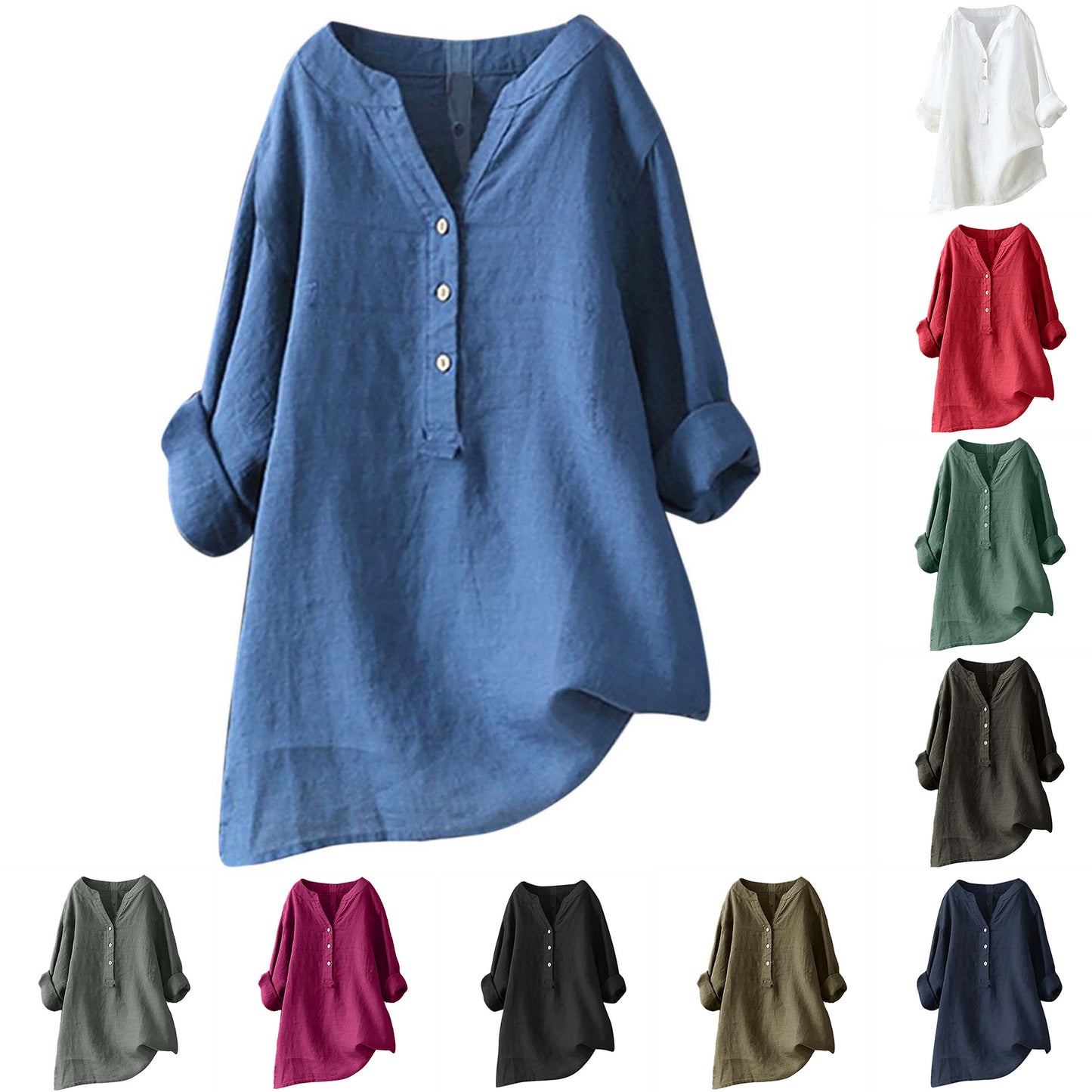 Womens Stand Collar Cotton Linen Blouse