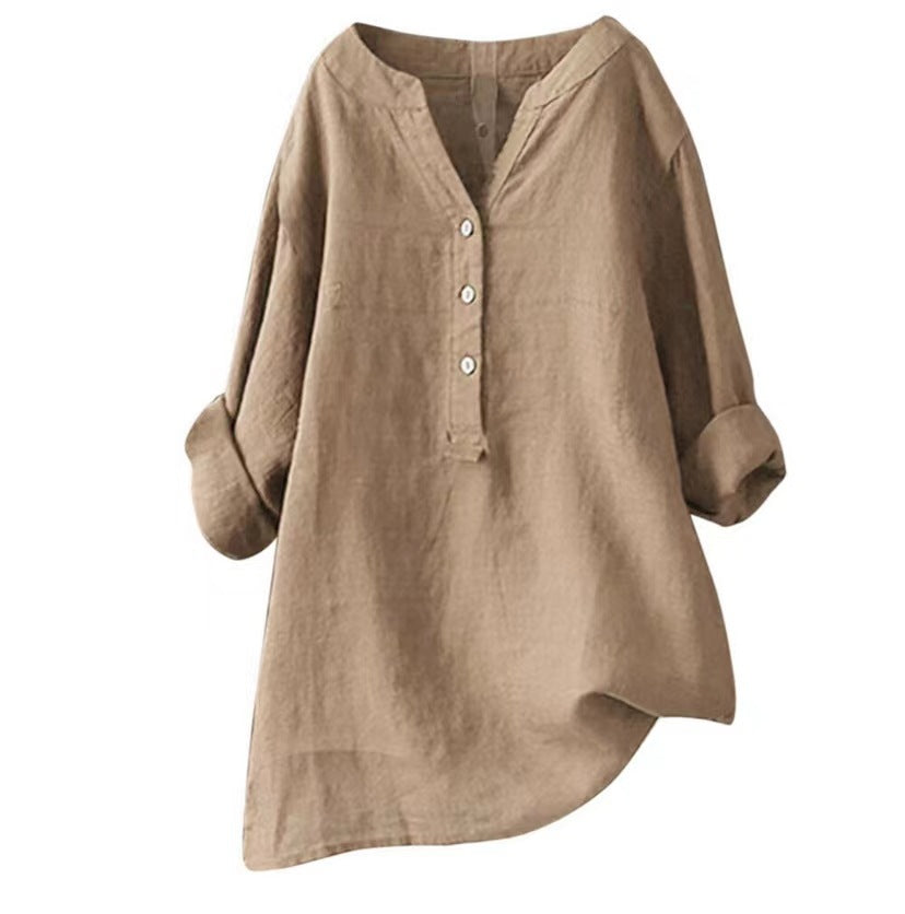 Womens Stand Collar Cotton Linen Blouse
