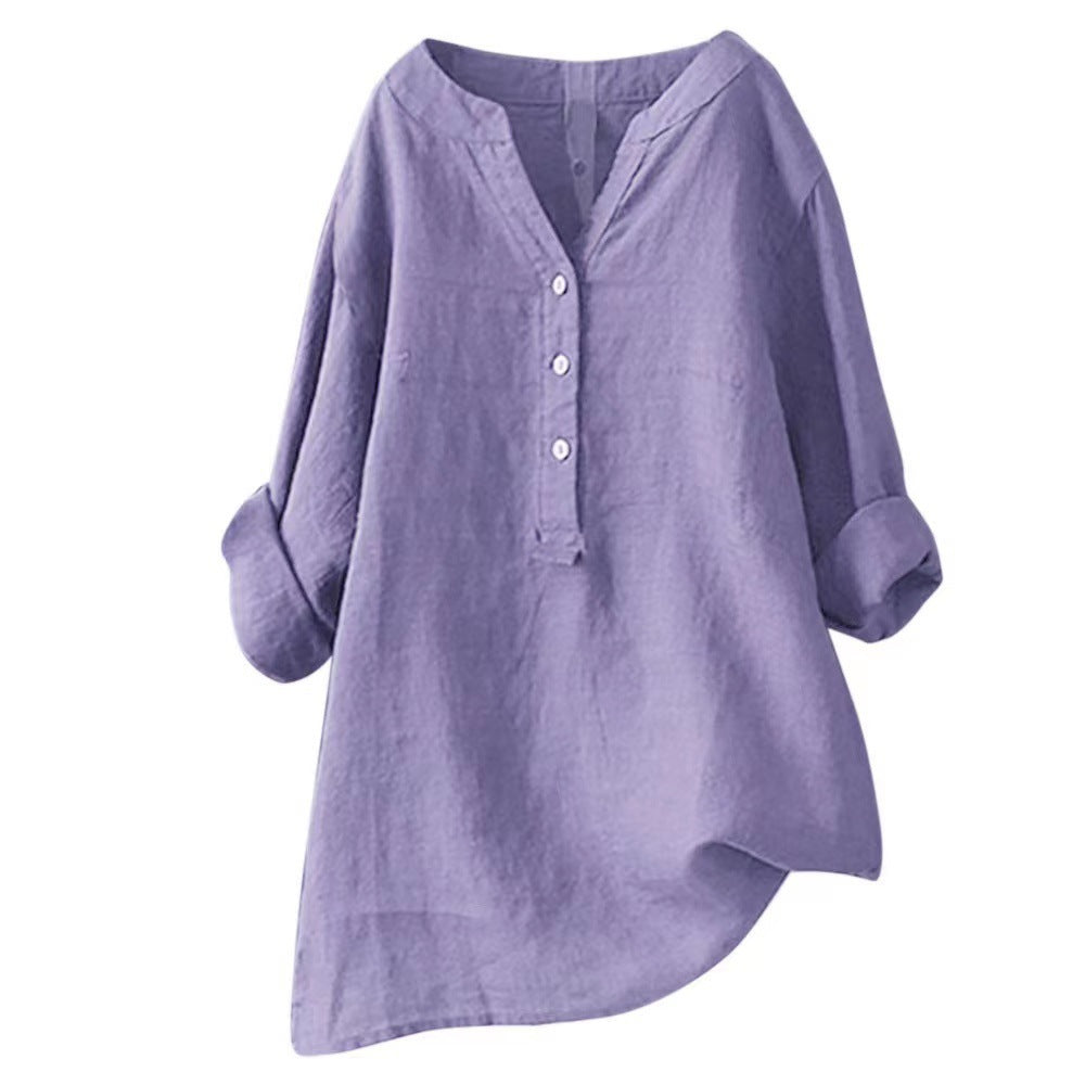 Womens Stand Collar Cotton Linen Blouse