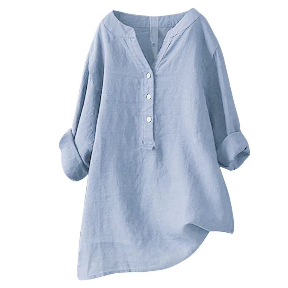 Womens Stand Collar Cotton Linen Blouse